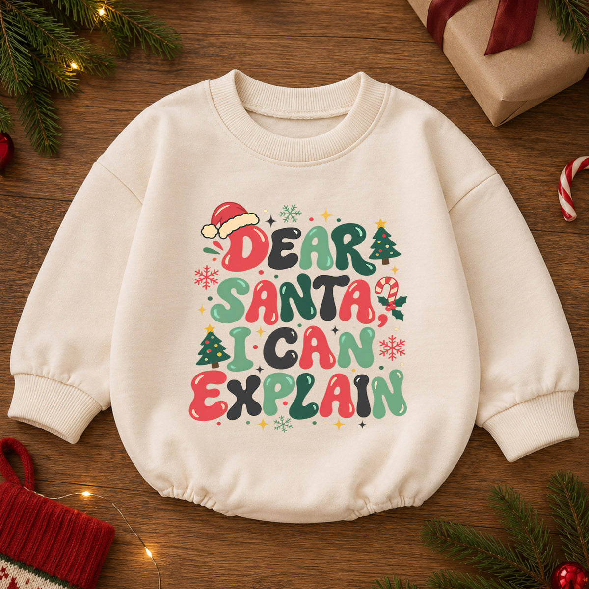 Dear Santa I Can Explain Baby Romper, Retro Christmas Quote Outfit, Funny Toddler Holiday Romper, 1st Christmas Gift — product view 2