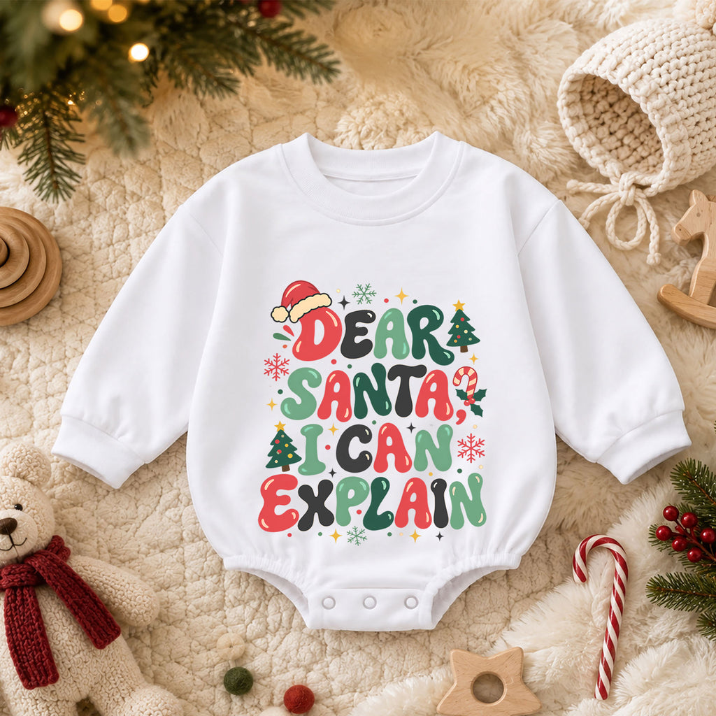 Dear Santa I Can Explain Baby Romper, Retro Christmas Quote Outfit, Funny Toddler Holiday Romper, 1st Christmas Gift — product view 3