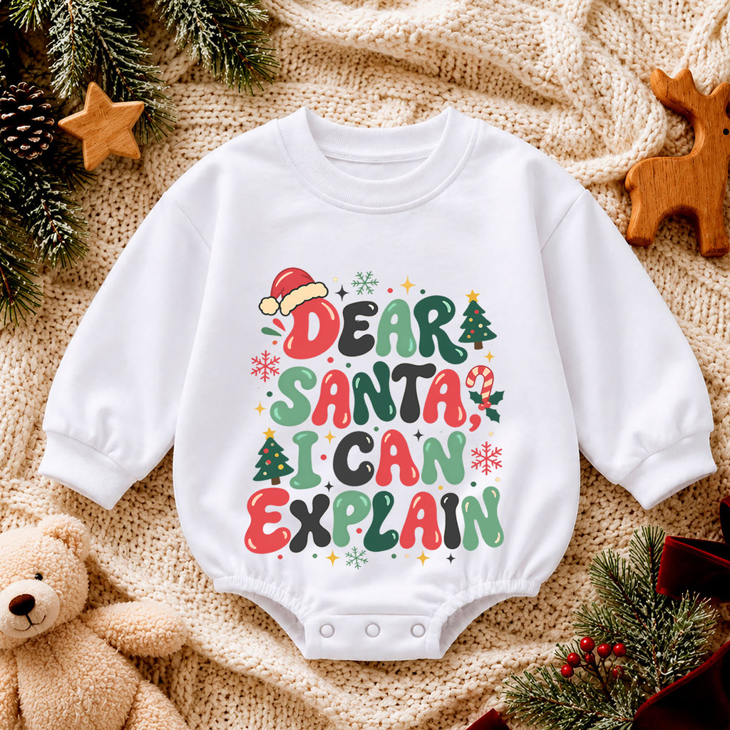 Dear Santa I Can Explain Baby Romper, Retro Christmas Quote Outfit, Funny Toddler Holiday Romper, 1st Christmas Gift — product view 4