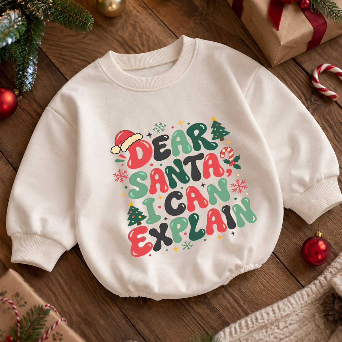 Dear Santa I Can Explain Baby Romper, Retro Christmas Quote Outfit, Funny Toddler Holiday Romper, 1st Christmas Gift — product view 5