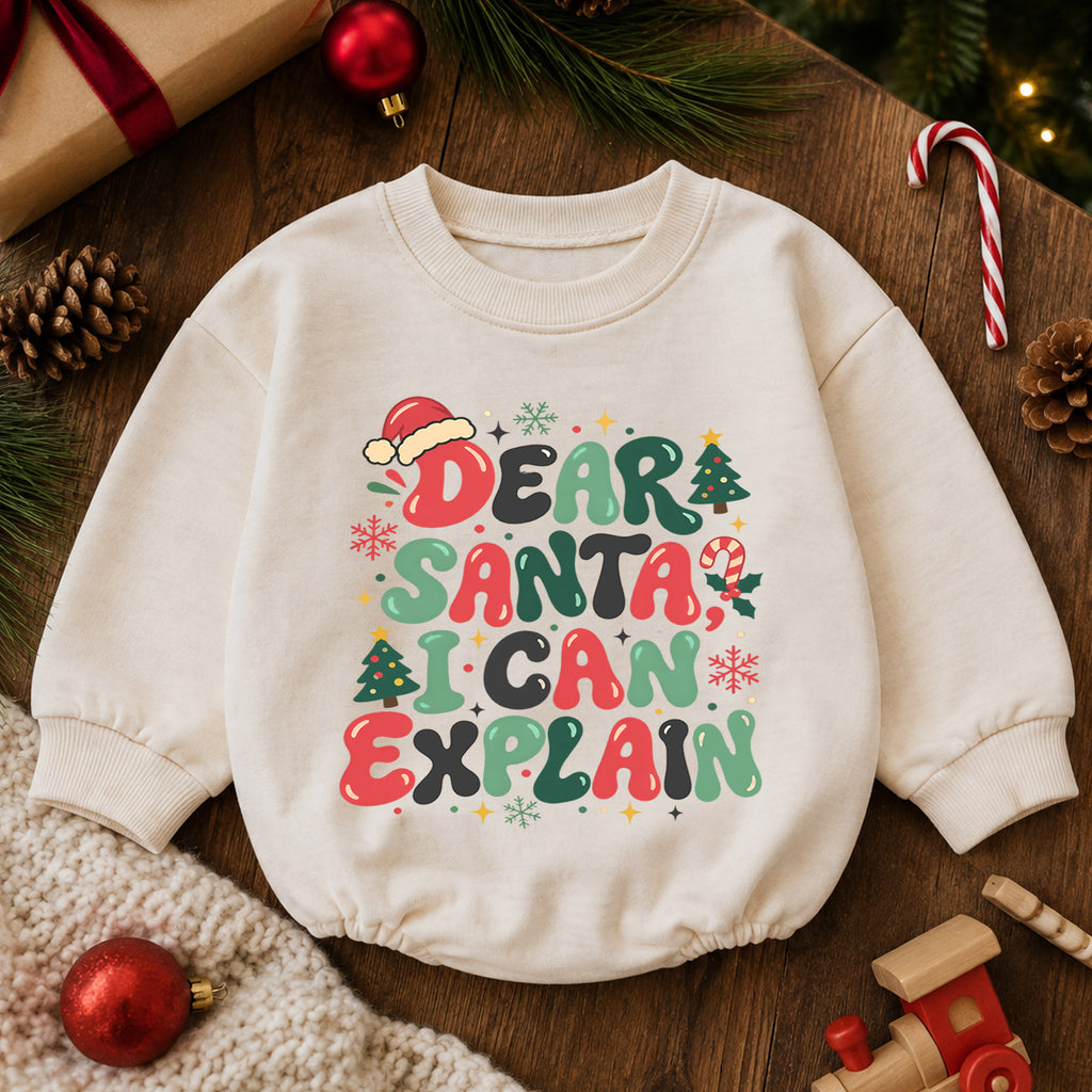 Dear Santa I Can Explain Baby Romper, Retro Christmas Quote Outfit, Funny Toddler Holiday Romper, 1st Christmas Gift — product view 6