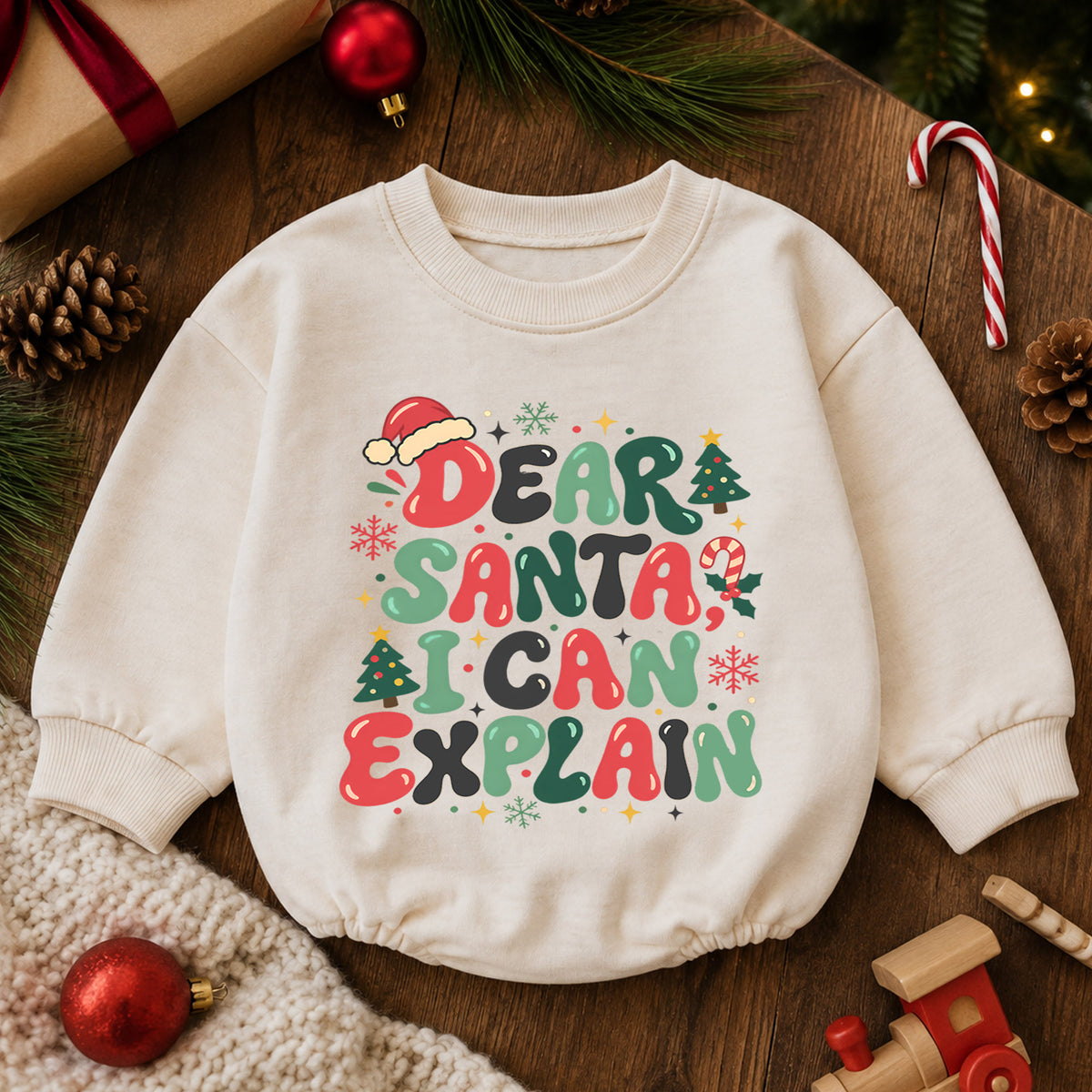Dear Santa I Can Explain Baby Romper, Retro Christmas Quote Outfit, Funny Toddler Holiday Romper, 1st Christmas Gift — product view 6