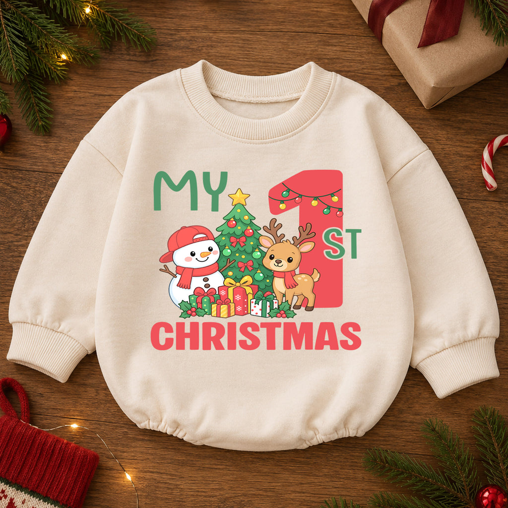 My First Christmas Baby Romper, Reindeer Snowman Christmas Outfit, Baby 1st Christmas Romper, Cute Holiday Baby Gift — product view 2