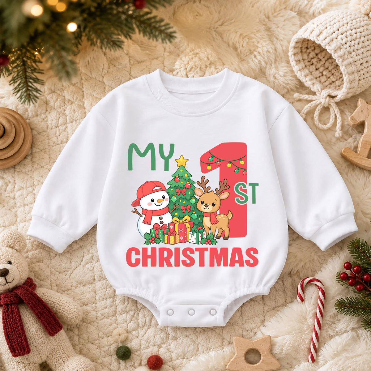 My First Christmas Baby Romper, Reindeer Snowman Christmas Outfit, Baby 1st Christmas Romper, Cute Holiday Baby Gift — product view 3