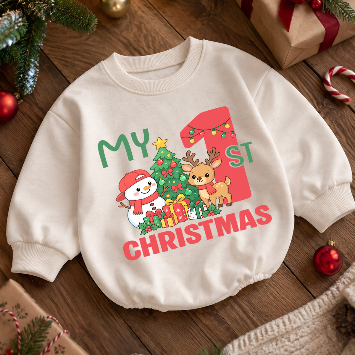 My First Christmas Baby Romper, Reindeer Snowman Christmas Outfit, Baby 1st Christmas Romper, Cute Holiday Baby Gift — product view 5