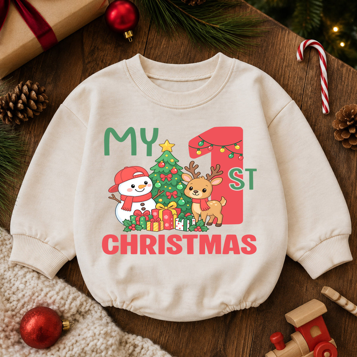 My First Christmas Baby Romper, Reindeer Snowman Christmas Outfit, Baby 1st Christmas Romper, Cute Holiday Baby Gift — product view 6