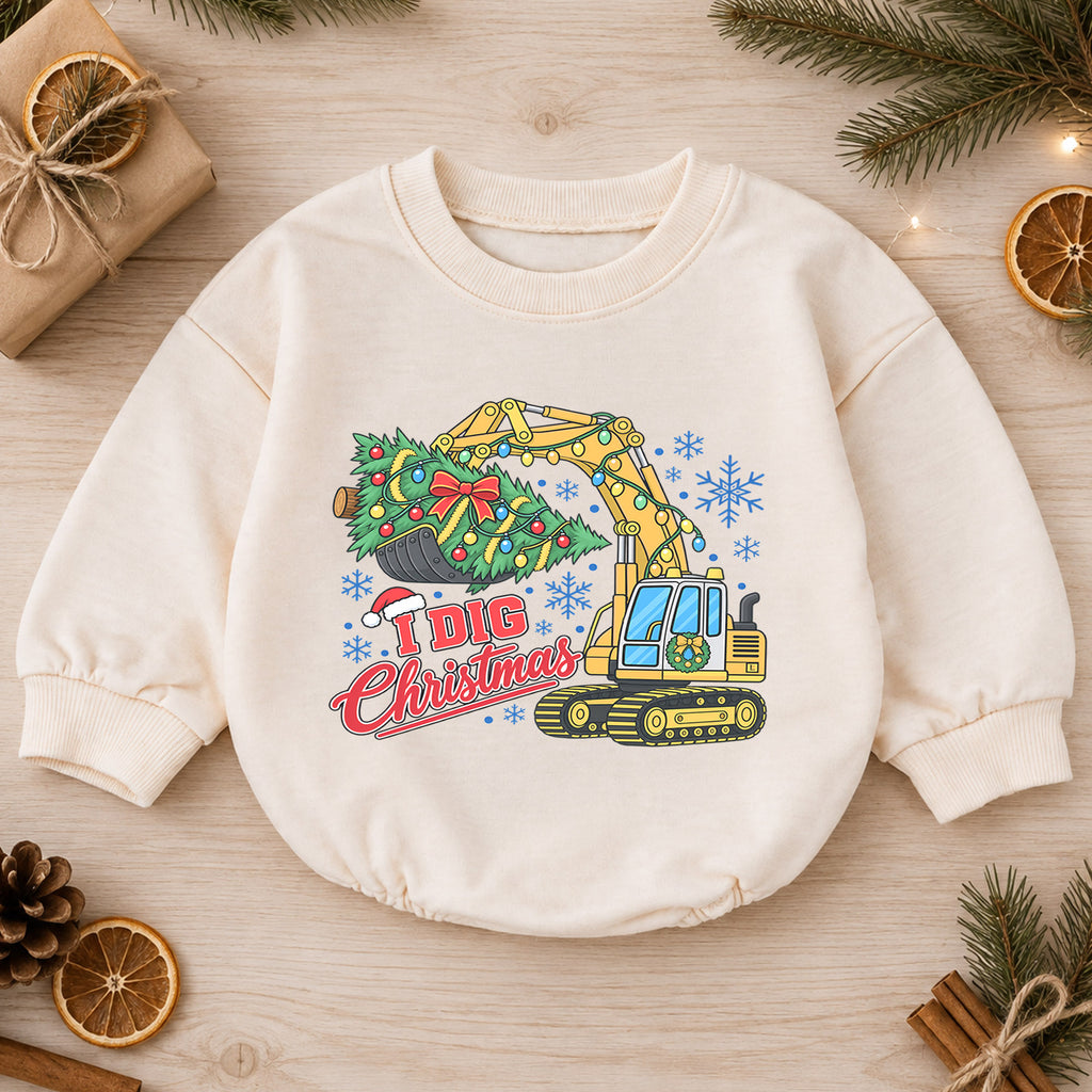 I Dig Christmas Baby Romper, Excavator Christmas Outfit, Construction Toddler Romper, Baby Holiday Outfit, Xmas Gift for Boys — product view 1