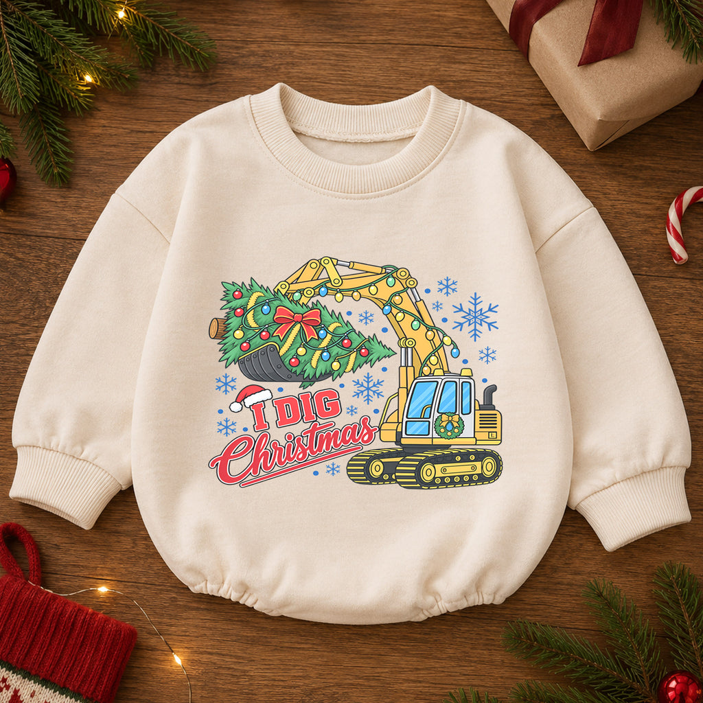 I Dig Christmas Baby Romper, Excavator Christmas Outfit, Construction Toddler Romper, Baby Holiday Outfit, Xmas Gift for Boys — product view 2