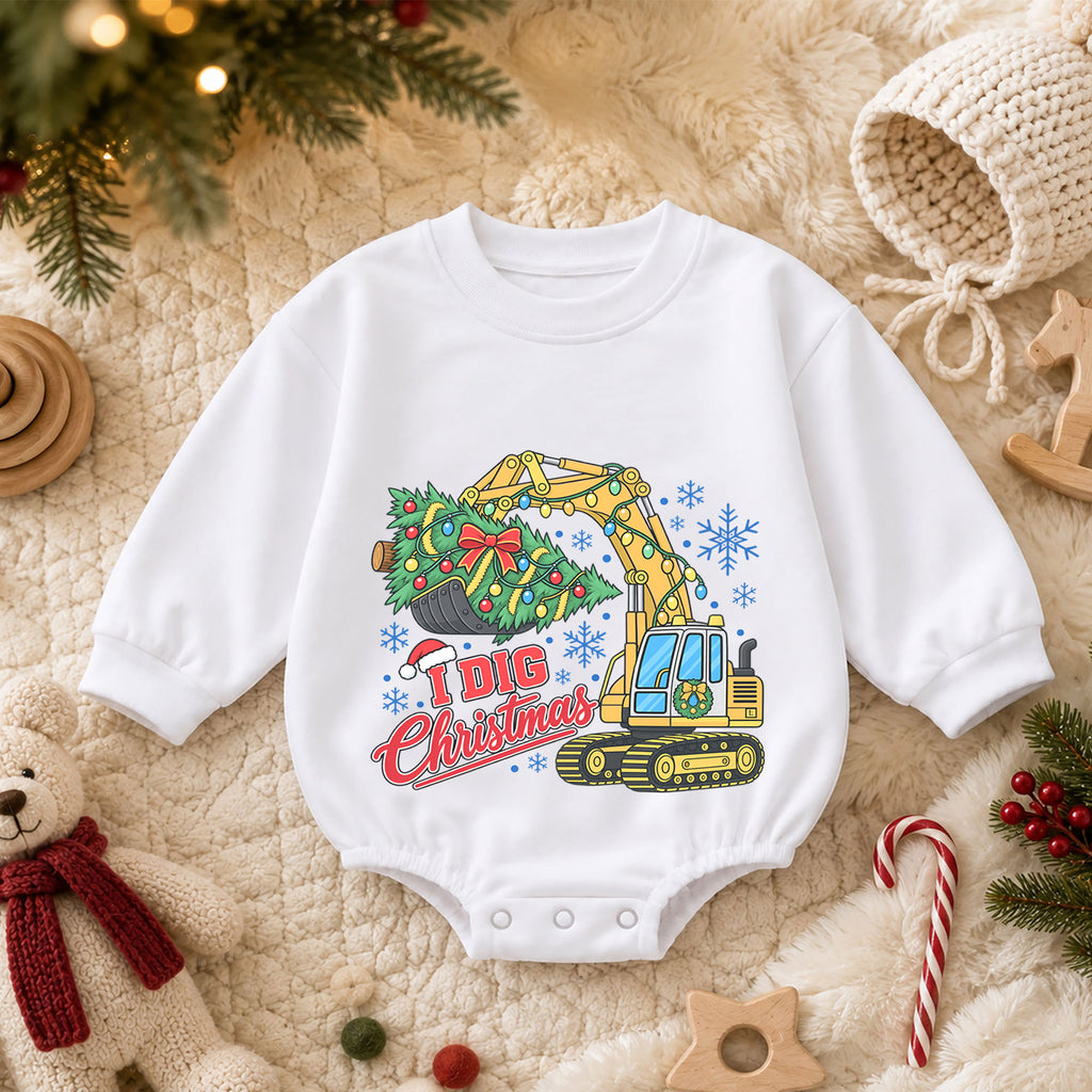 I Dig Christmas Baby Romper, Excavator Christmas Outfit, Construction Toddler Romper, Baby Holiday Outfit, Xmas Gift for Boys — product view 3
