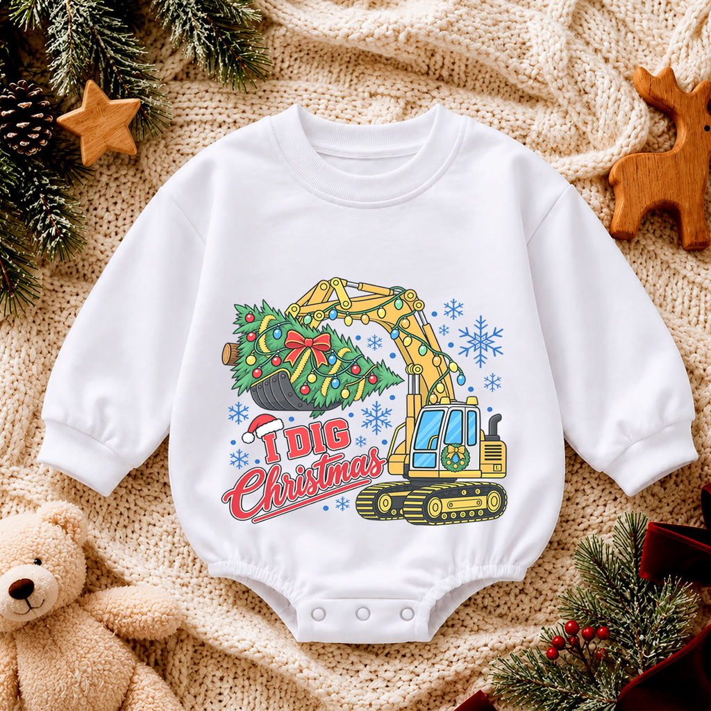 I Dig Christmas Baby Romper, Excavator Christmas Outfit, Construction Toddler Romper, Baby Holiday Outfit, Xmas Gift for Boys — product view 4