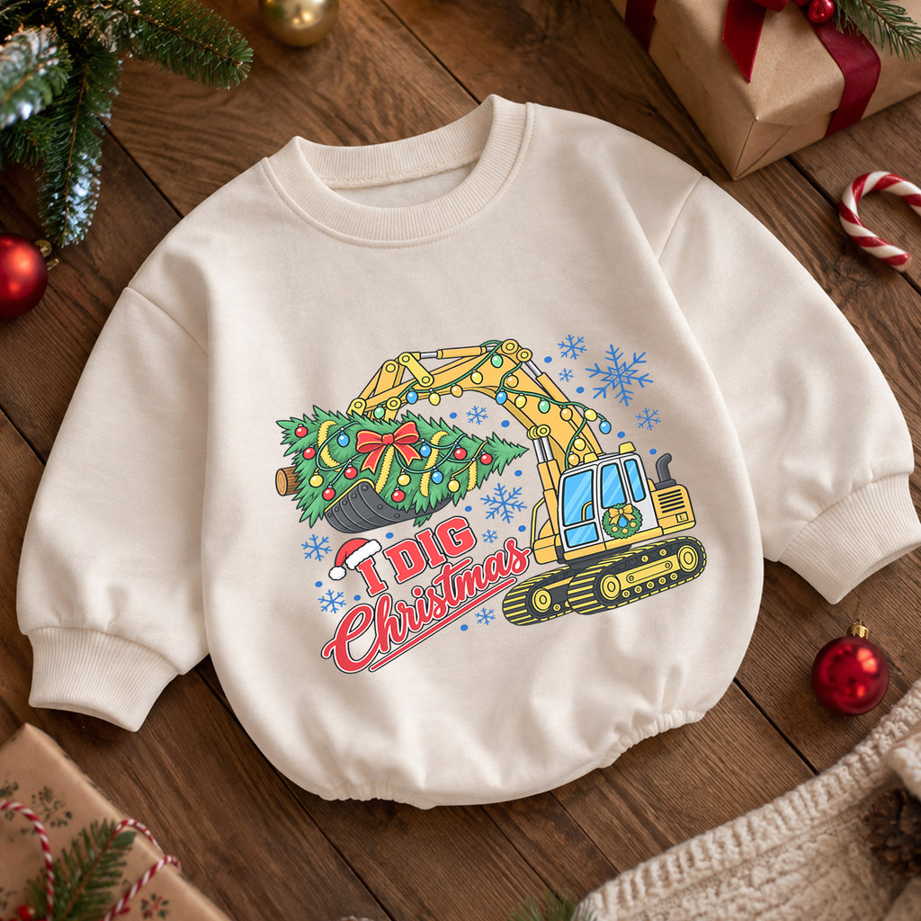 I Dig Christmas Baby Romper, Excavator Christmas Outfit, Construction Toddler Romper, Baby Holiday Outfit, Xmas Gift for Boys — product view 5