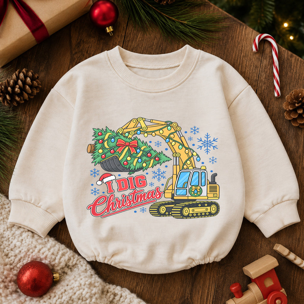 I Dig Christmas Baby Romper, Excavator Christmas Outfit, Construction Toddler Romper, Baby Holiday Outfit, Xmas Gift for Boys — product view 6