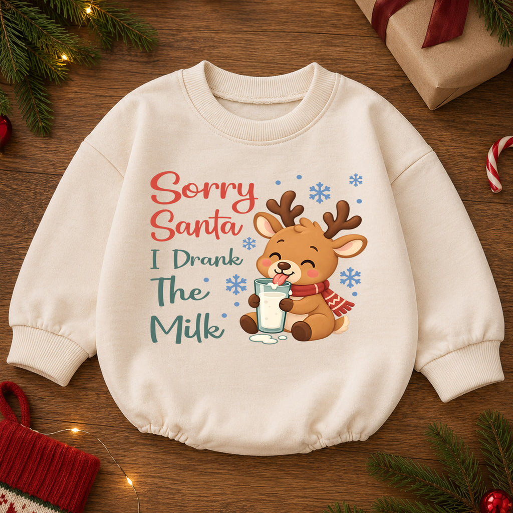 Sorry Santa I Drank The Milk Baby Romper, Cute Reindeer Christmas Outfit, Funny Baby Holiday Romper, Christmas Baby Gift — product view 2