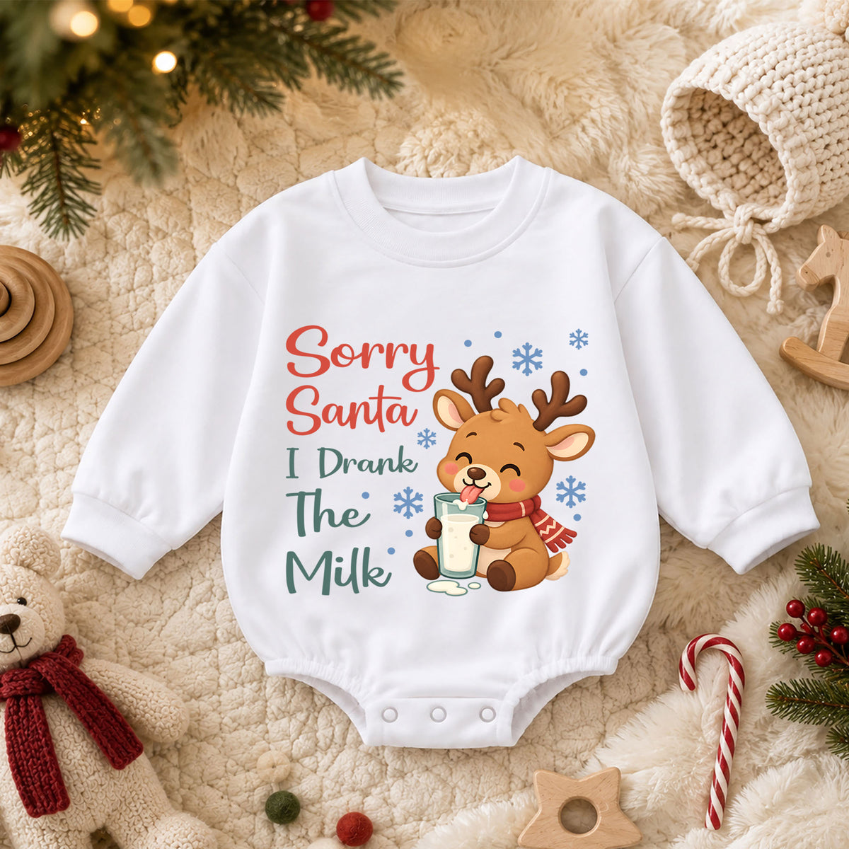 Sorry Santa I Drank The Milk Baby Romper, Cute Reindeer Christmas Outfit, Funny Baby Holiday Romper, Christmas Baby Gift — product view 3