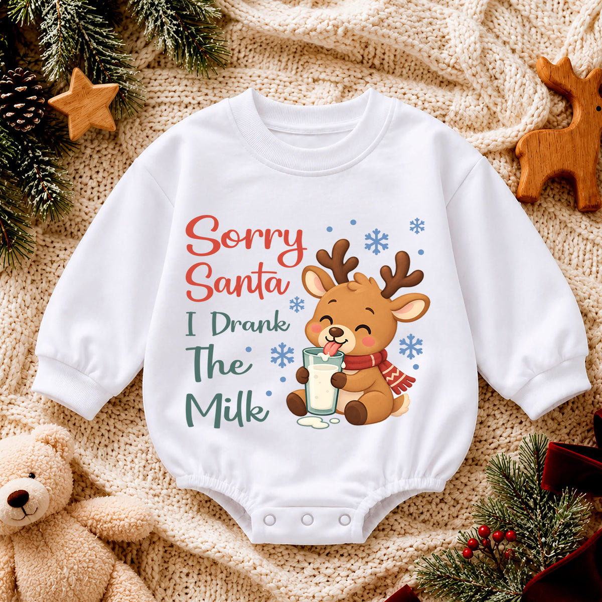 Sorry Santa I Drank The Milk Baby Romper, Cute Reindeer Christmas Outfit, Funny Baby Holiday Romper, Christmas Baby Gift — product view 4