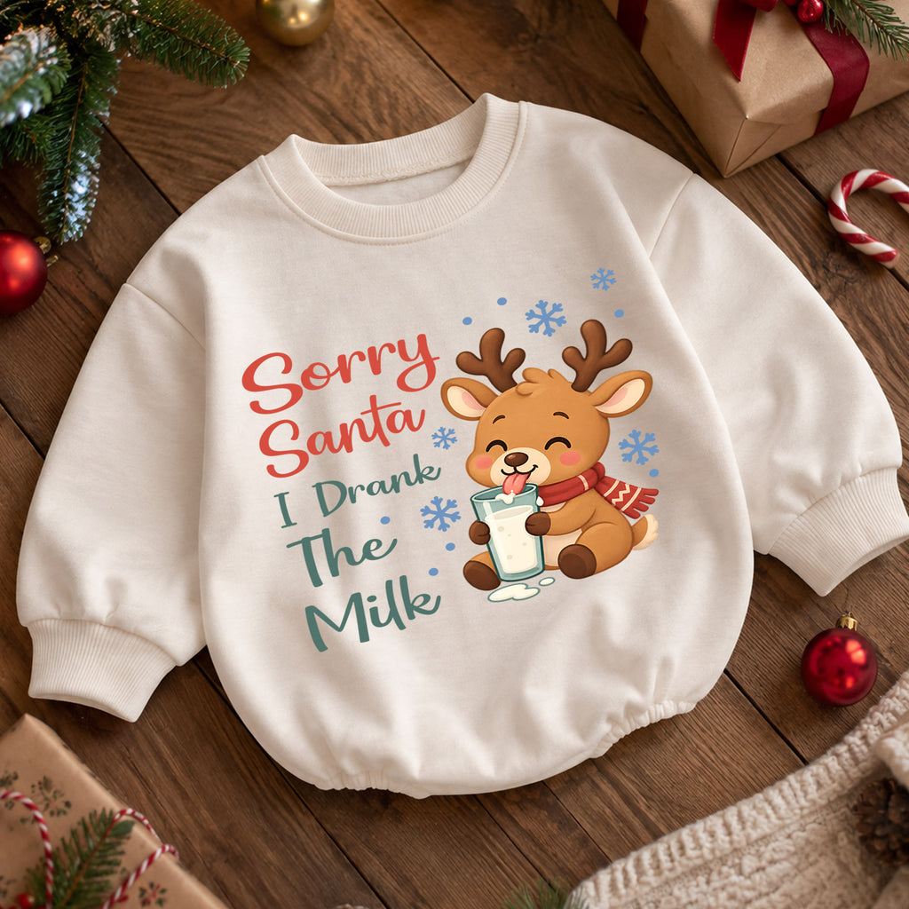 Sorry Santa I Drank The Milk Baby Romper, Cute Reindeer Christmas Outfit, Funny Baby Holiday Romper, Christmas Baby Gift — product view 5