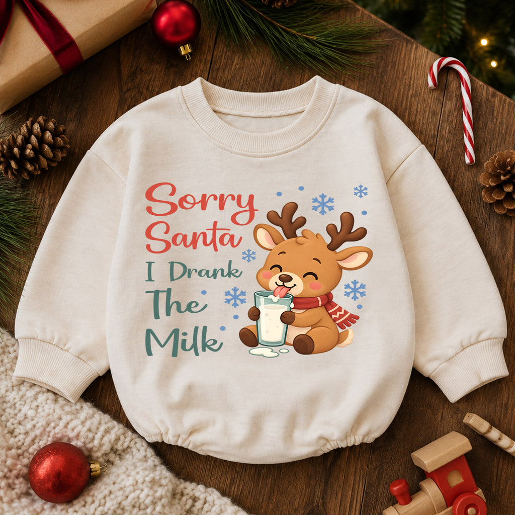 Sorry Santa I Drank The Milk Baby Romper, Cute Reindeer Christmas Outfit, Funny Baby Holiday Romper, Christmas Baby Gift — product view 6