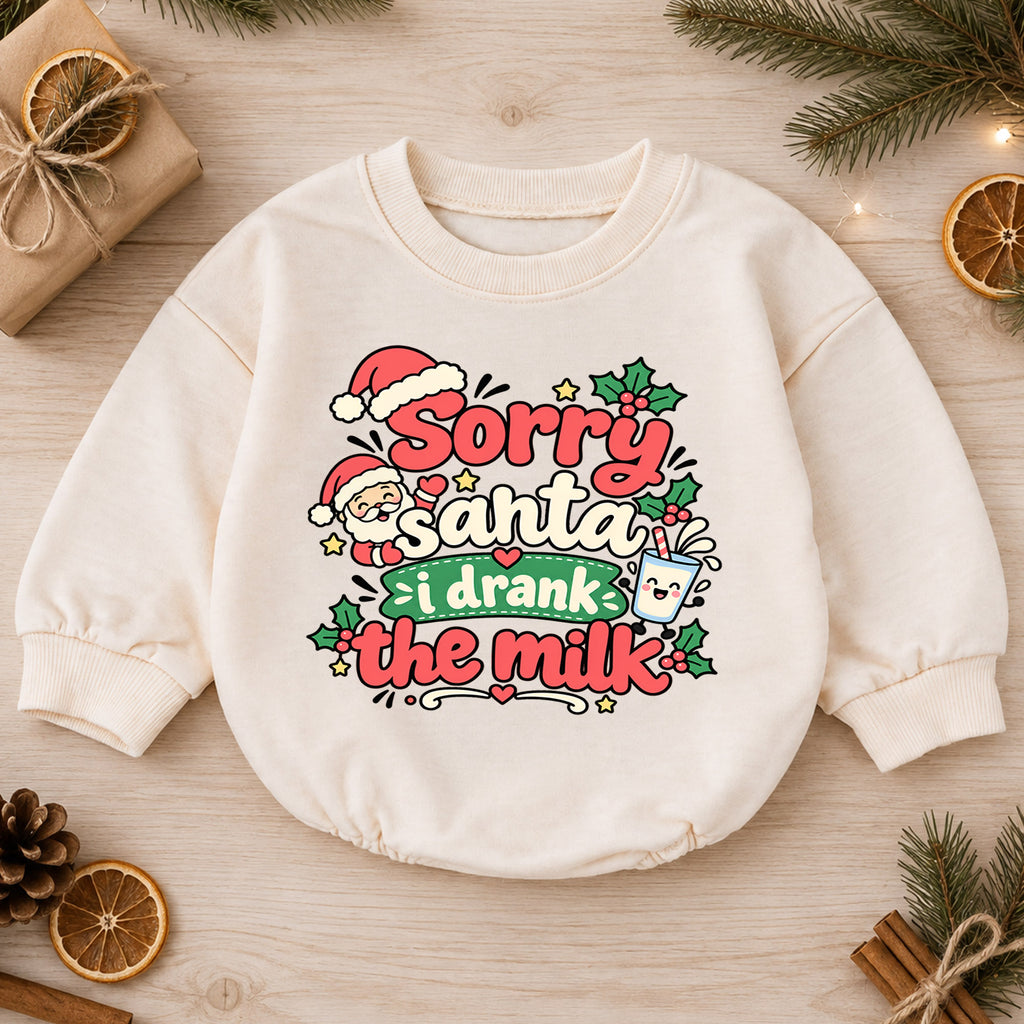 Sorry Santa I Drank The Milk Baby Romper, Funny Christmas Baby Outfit, Cute Santa Holiday Romper, Toddler Xmas Gift — product view 1