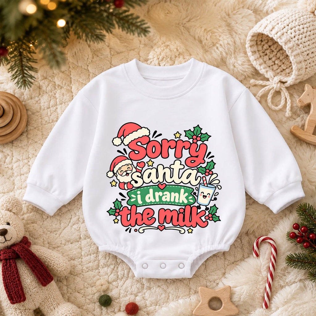 Sorry Santa I Drank The Milk Baby Romper, Funny Christmas Baby Outfit, Cute Santa Holiday Romper, Toddler Xmas Gift — product view 3
