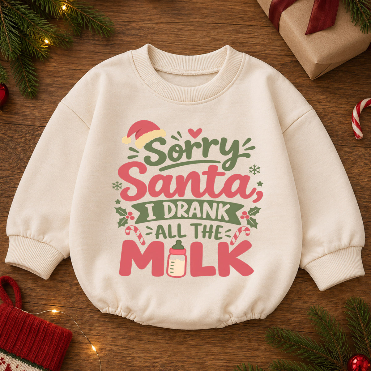 Sorry Santa I Drank All The Milk Baby Romper, Funny Christmas Quote Outfit, Toddler Holiday Romper, Cute Xmas Baby Gift — product view 2