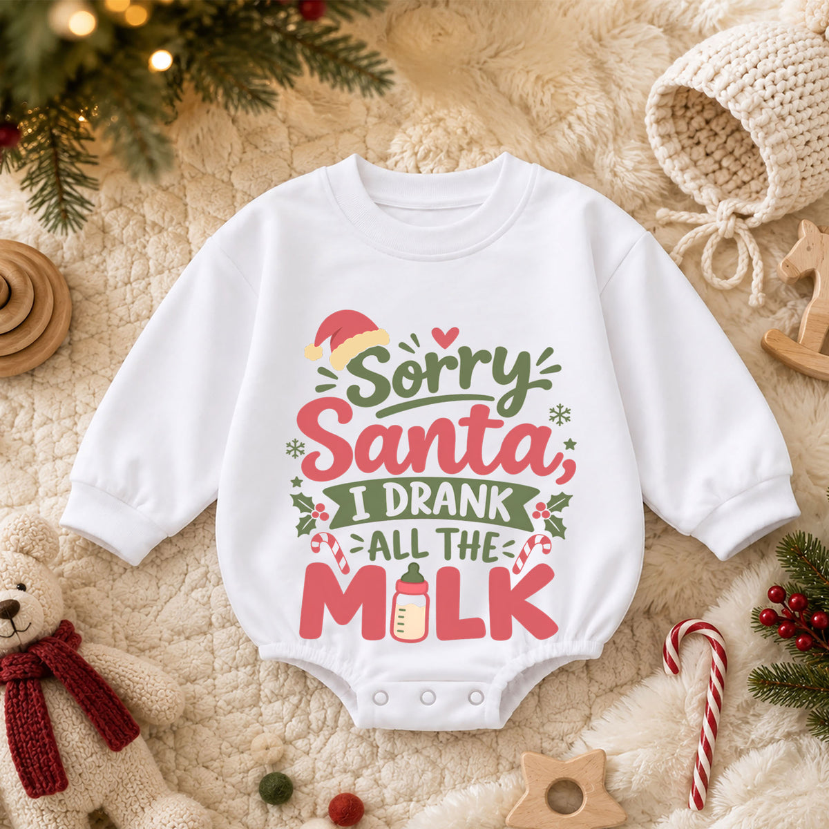 Sorry Santa I Drank All The Milk Baby Romper, Funny Christmas Quote Outfit, Toddler Holiday Romper, Cute Xmas Baby Gift — product view 3