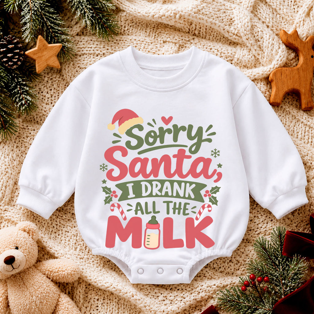 Sorry Santa I Drank All The Milk Baby Romper, Funny Christmas Quote Outfit, Toddler Holiday Romper, Cute Xmas Baby Gift — product view 4