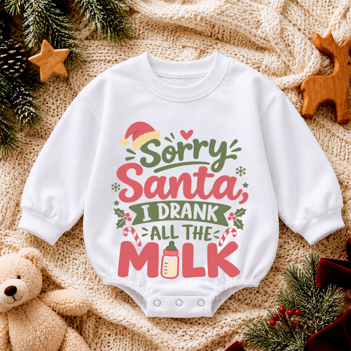 Sorry Santa I Drank All The Milk Baby Romper, Funny Christmas Quote Outfit, Toddler Holiday Romper, Cute Xmas Baby Gift — product view 4