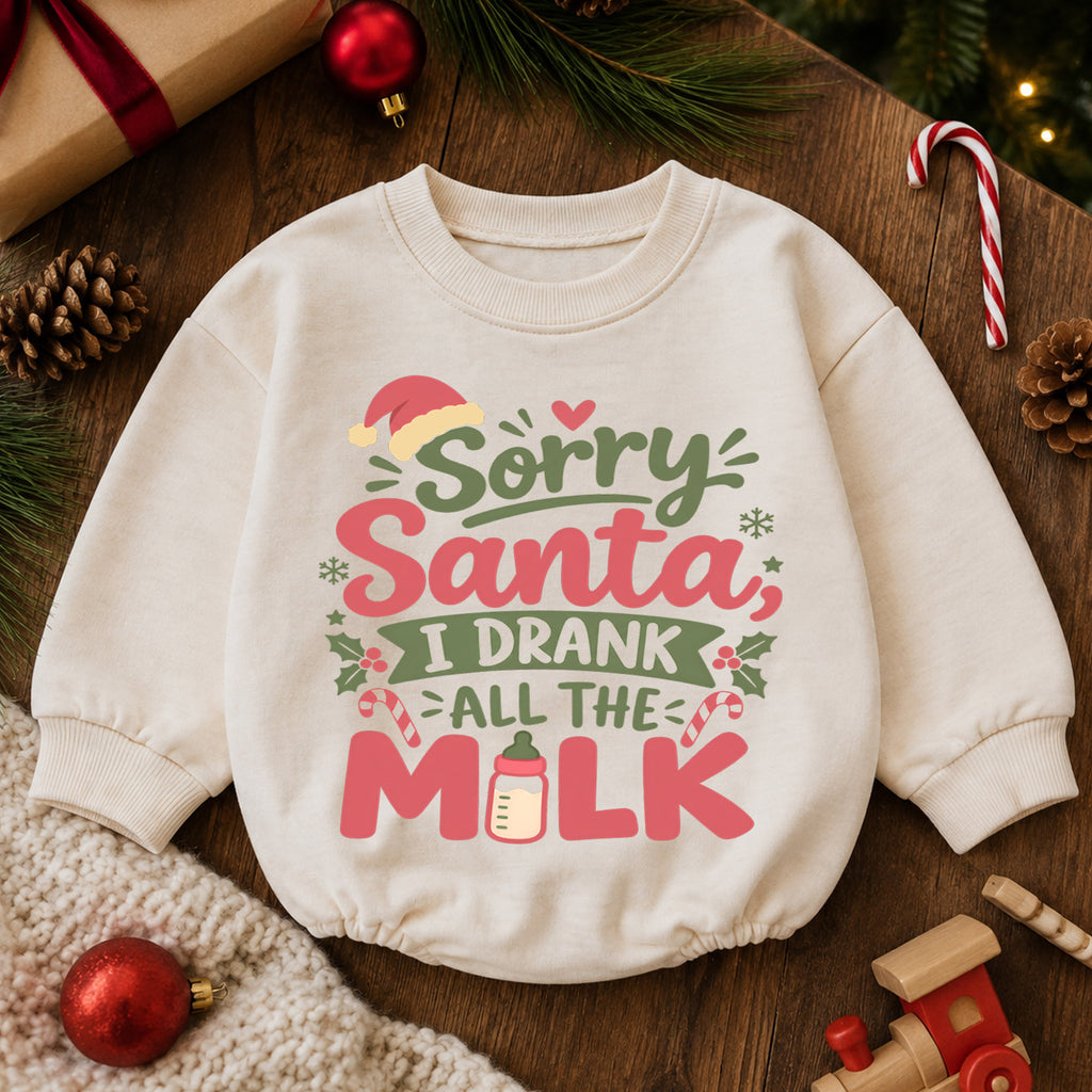 Sorry Santa I Drank All The Milk Baby Romper, Funny Christmas Quote Outfit, Toddler Holiday Romper, Cute Xmas Baby Gift — product view 6