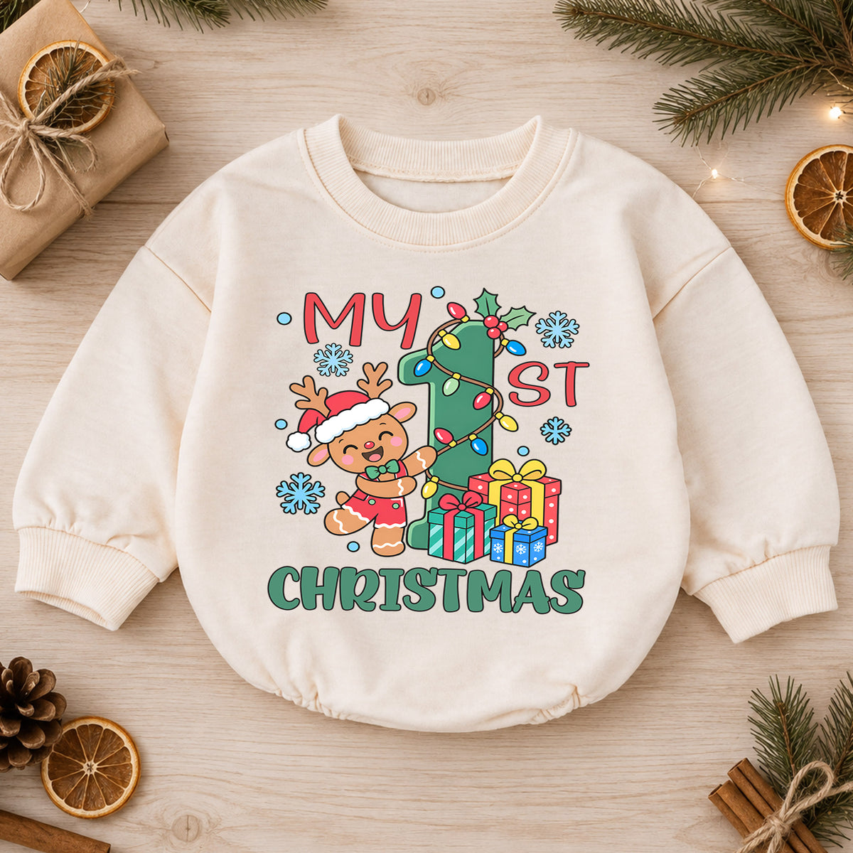 My First Christmas Baby Romper, Gingerbread Reindeer Christmas Outfit, Baby 1st Xmas Romper, Cute Holiday Baby Gift — product view 1