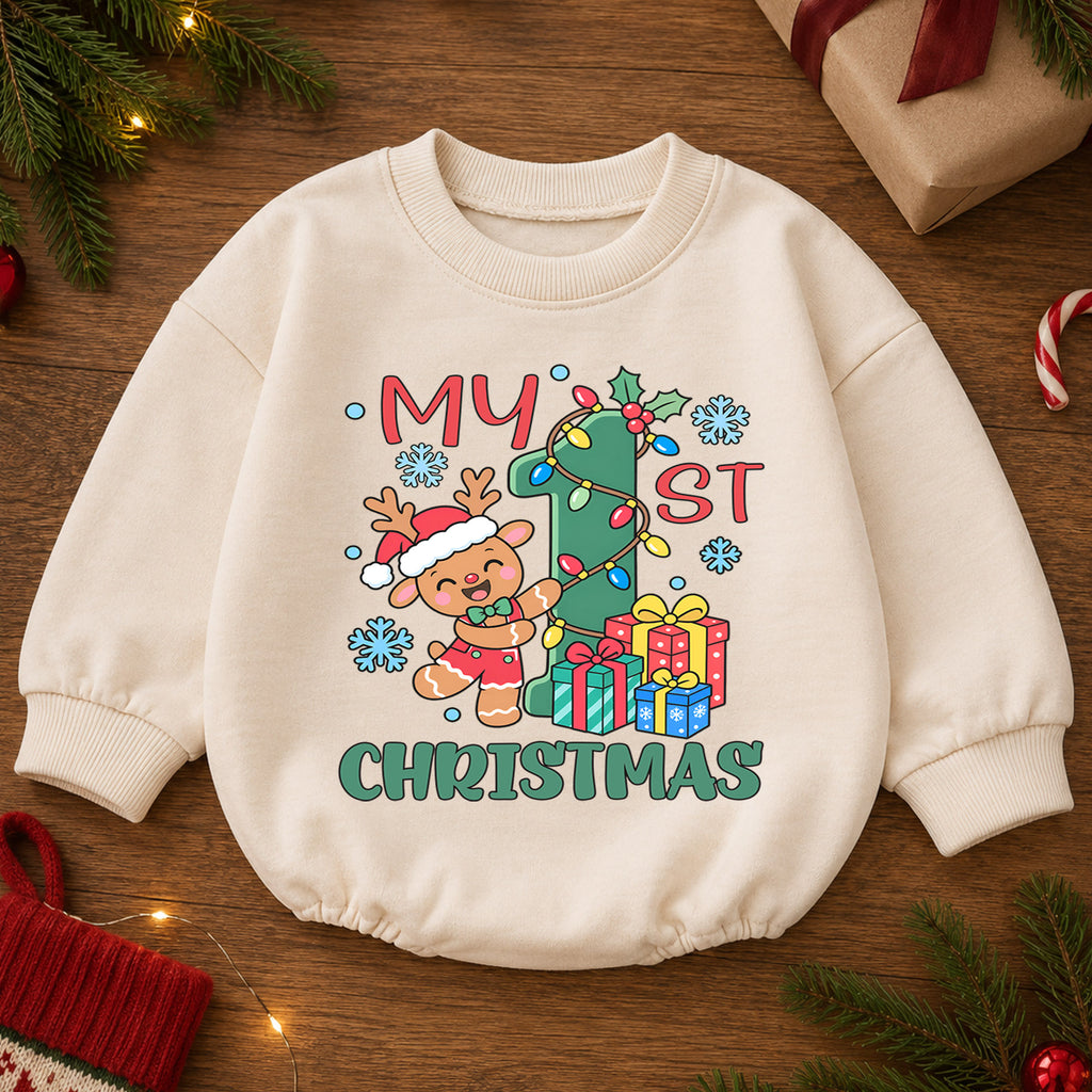 My First Christmas Baby Romper, Gingerbread Reindeer Christmas Outfit, Baby 1st Xmas Romper, Cute Holiday Baby Gift — product view 2