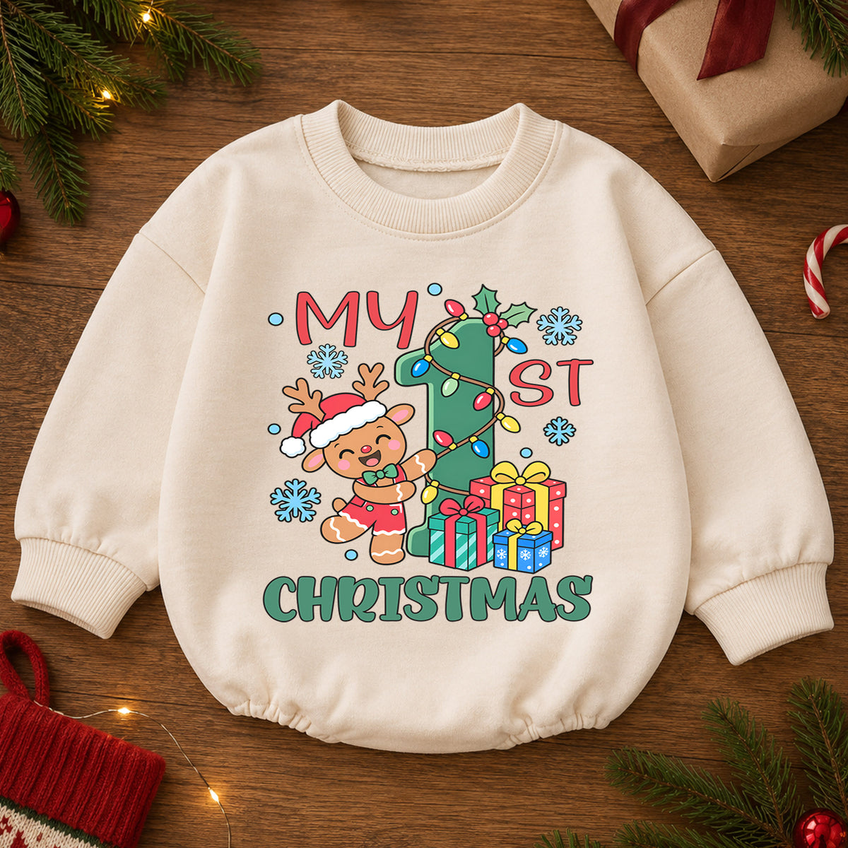 My First Christmas Baby Romper, Gingerbread Reindeer Christmas Outfit, Baby 1st Xmas Romper, Cute Holiday Baby Gift — product view 2