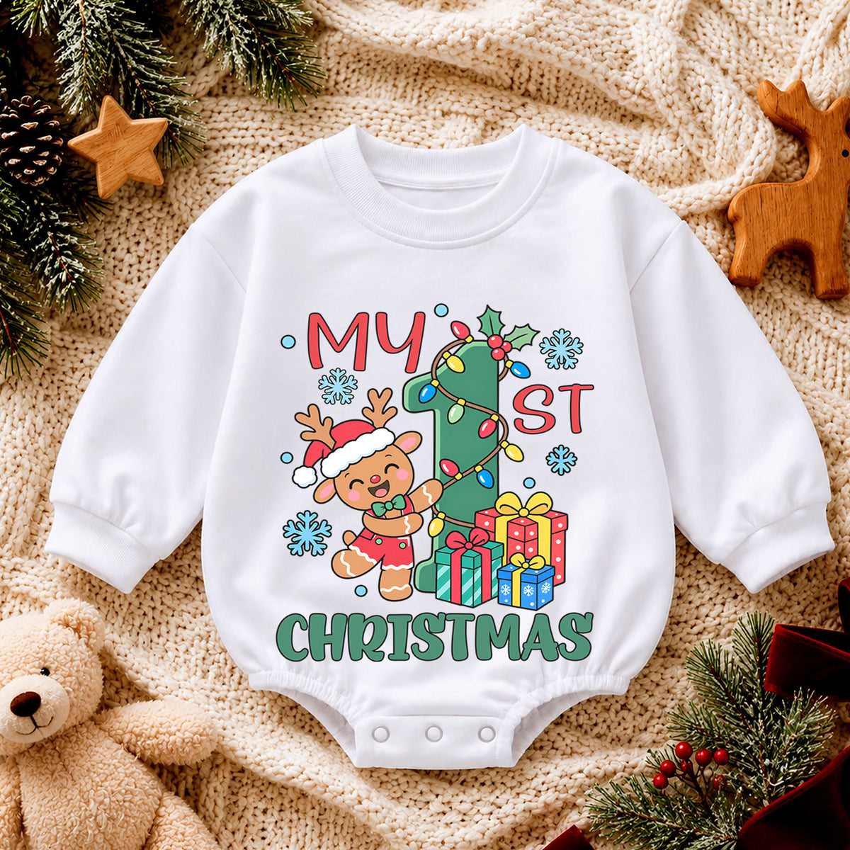 My First Christmas Baby Romper, Gingerbread Reindeer Christmas Outfit, Baby 1st Xmas Romper, Cute Holiday Baby Gift — product view 4