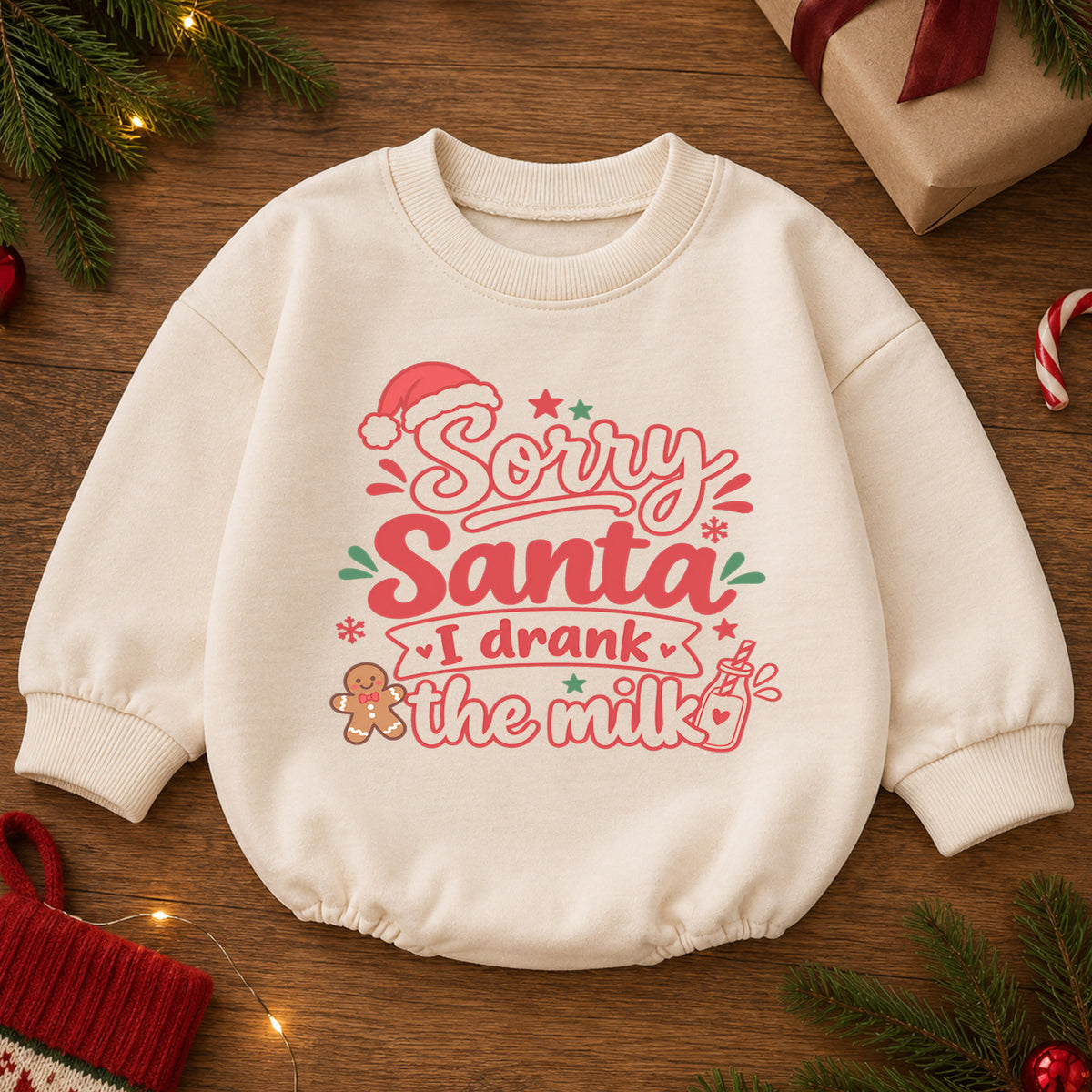 Sorry Santa I Drank The Milk Baby Romper, Funny Christmas Baby Outfit, Gingerbread Holiday Romper, Cute Xmas Gift — product view 2