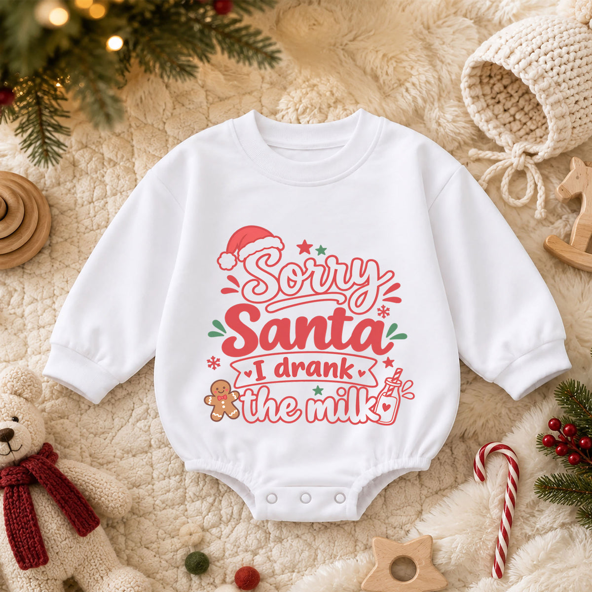 Sorry Santa I Drank The Milk Baby Romper, Funny Christmas Baby Outfit, Gingerbread Holiday Romper, Cute Xmas Gift — product view 3