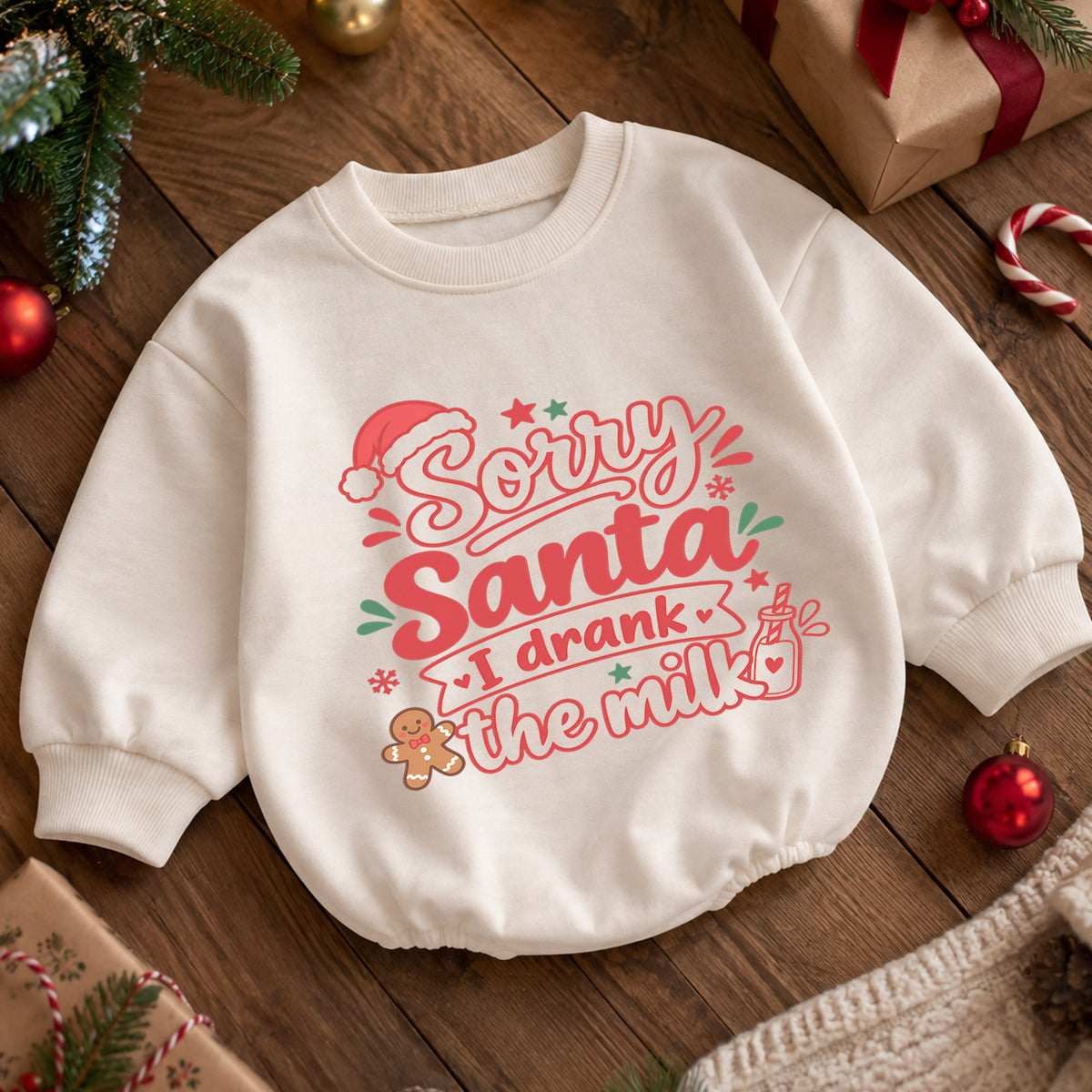 Sorry Santa I Drank The Milk Baby Romper, Funny Christmas Baby Outfit, Gingerbread Holiday Romper, Cute Xmas Gift — product view 5