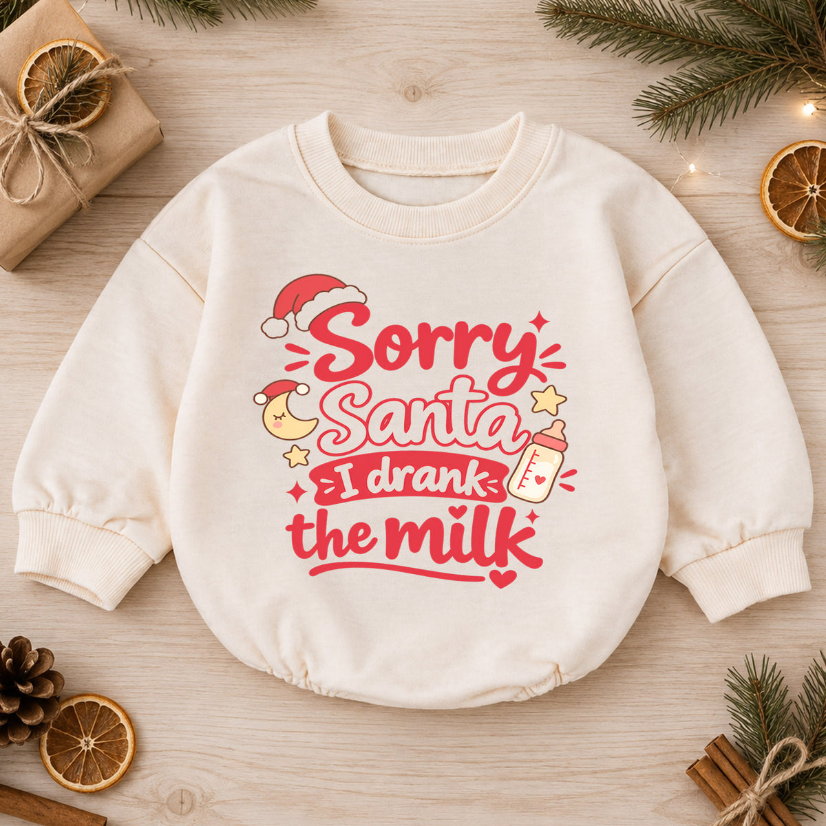 Sorry Santa I Drank The Milk Baby Romper, Cute Baby Bottle Christmas Outfit, Funny Toddler Holiday Romper, Xmas Baby Gift — product view 1