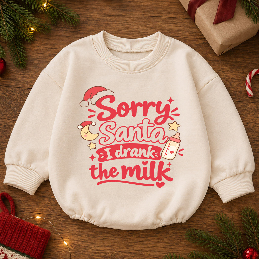 Sorry Santa I Drank The Milk Baby Romper, Cute Baby Bottle Christmas Outfit, Funny Toddler Holiday Romper, Xmas Baby Gift — product view 2