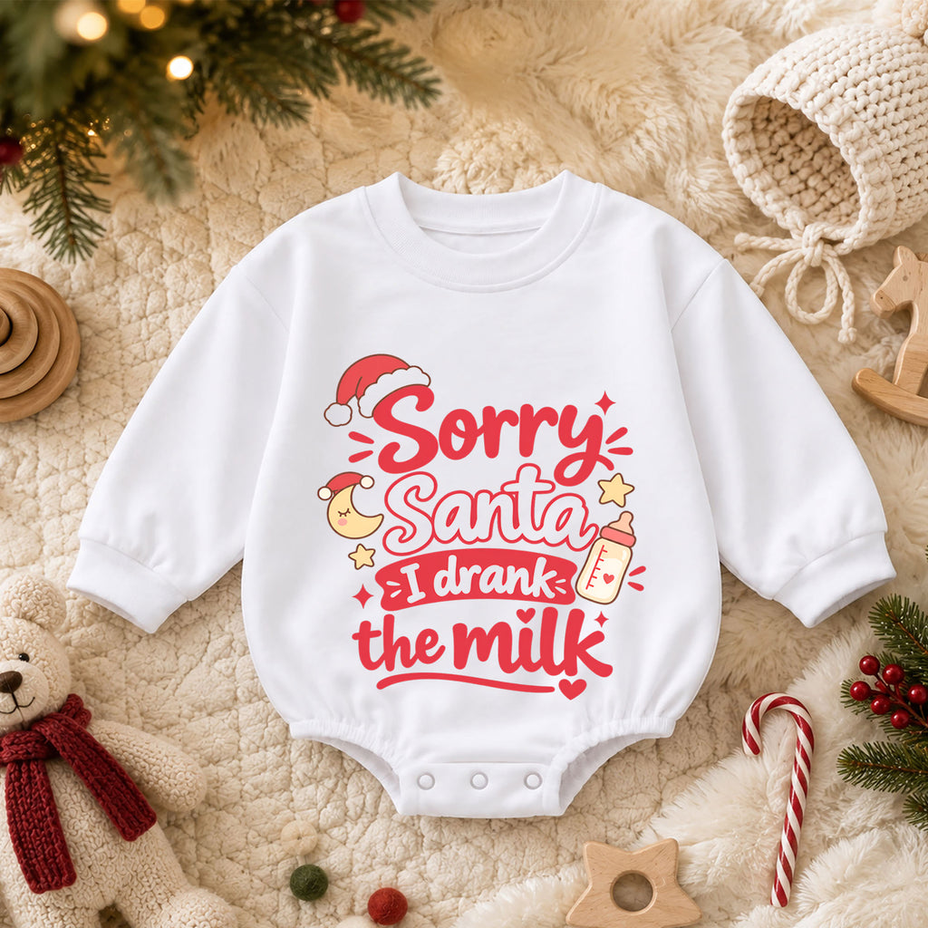 Sorry Santa I Drank The Milk Baby Romper, Cute Baby Bottle Christmas Outfit, Funny Toddler Holiday Romper, Xmas Baby Gift — product view 3