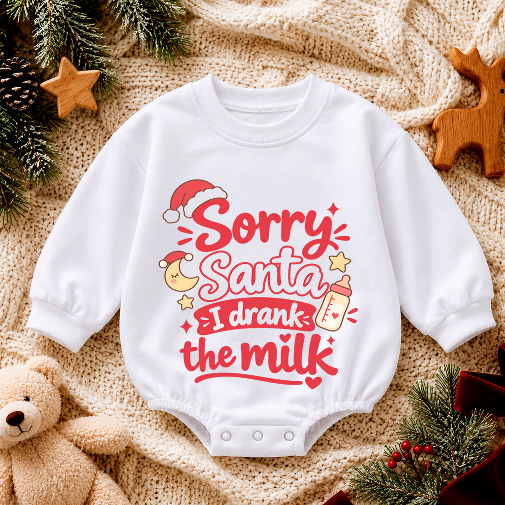 Sorry Santa I Drank The Milk Baby Romper, Cute Baby Bottle Christmas Outfit, Funny Toddler Holiday Romper, Xmas Baby Gift — product view 4