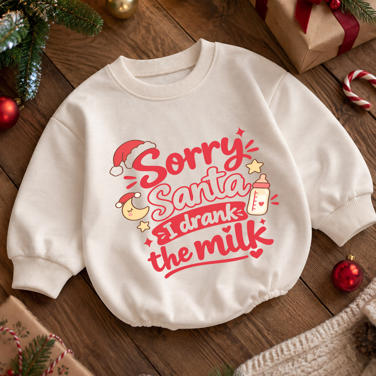 Sorry Santa I Drank The Milk Baby Romper, Cute Baby Bottle Christmas Outfit, Funny Toddler Holiday Romper, Xmas Baby Gift — product view 5
