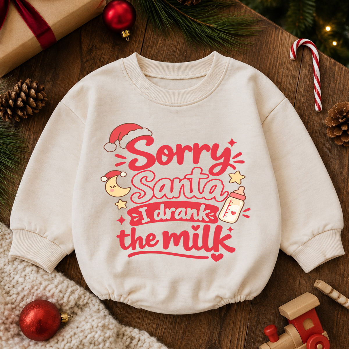 Sorry Santa I Drank The Milk Baby Romper, Cute Baby Bottle Christmas Outfit, Funny Toddler Holiday Romper, Xmas Baby Gift — product view 6