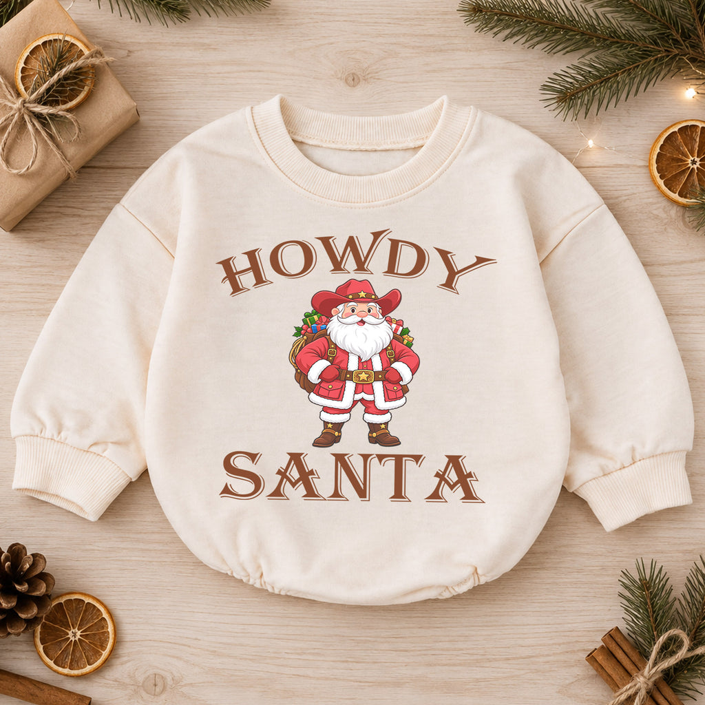 Howdy Santa Baby Romper, Western Cowboy Christmas Outfit, Funny Santa Holiday Romper, Country Christmas Baby Gift — product view 1