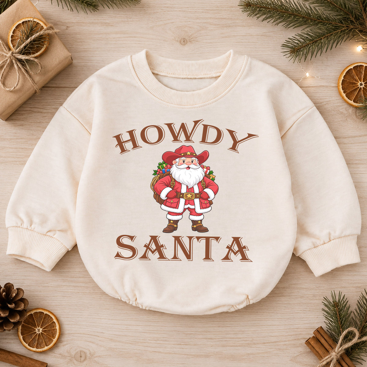 Howdy Santa Baby Romper, Western Cowboy Christmas Outfit, Funny Santa Holiday Romper, Country Christmas Baby Gift — product view 1
