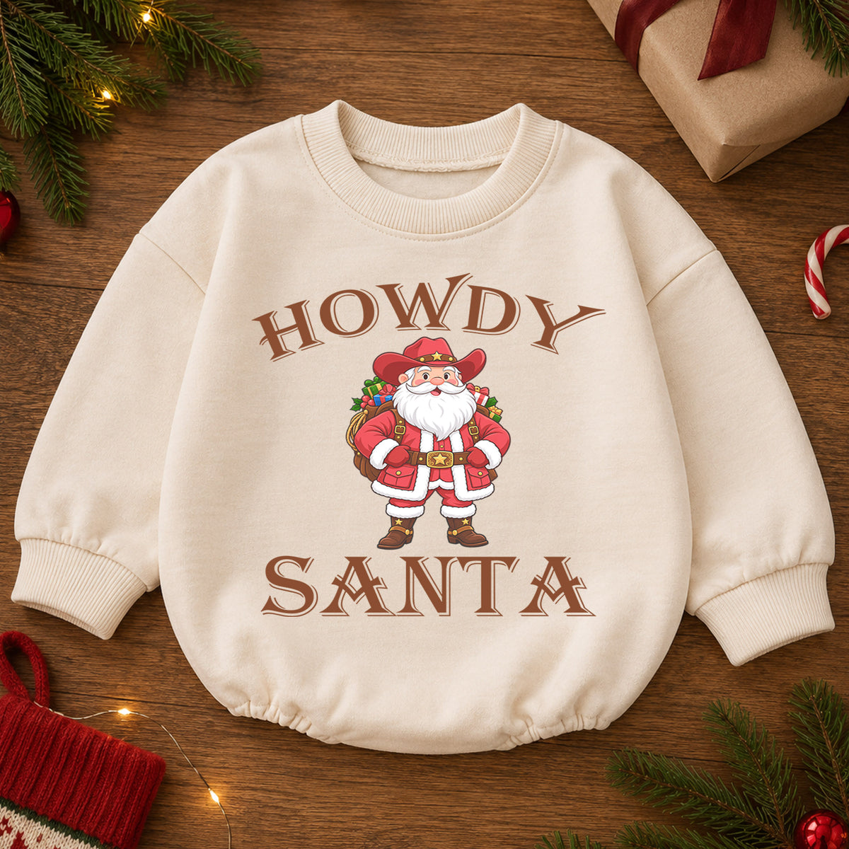 Howdy Santa Baby Romper, Western Cowboy Christmas Outfit, Funny Santa Holiday Romper, Country Christmas Baby Gift — product view 2