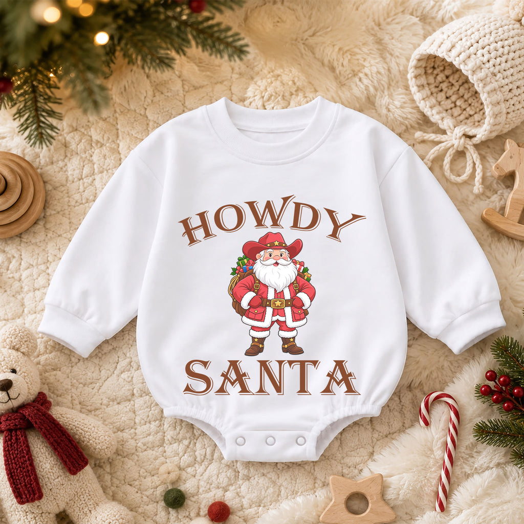 Howdy Santa Baby Romper, Western Cowboy Christmas Outfit, Funny Santa Holiday Romper, Country Christmas Baby Gift — product view 3