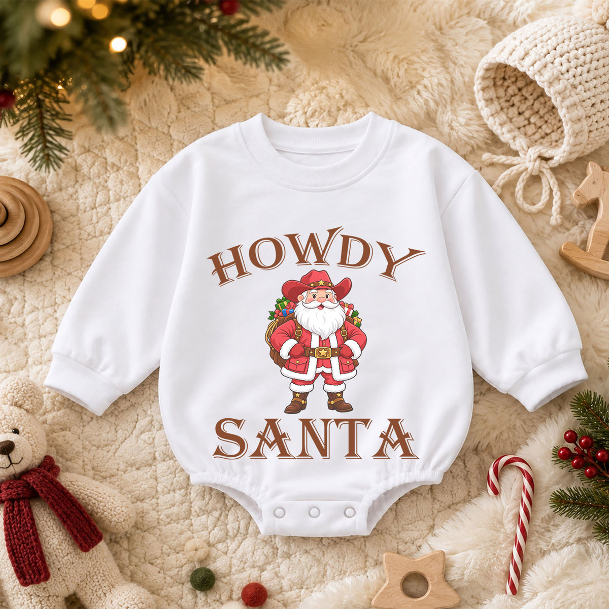 Howdy Santa Baby Romper, Western Cowboy Christmas Outfit, Funny Santa Holiday Romper, Country Christmas Baby Gift — product view 3