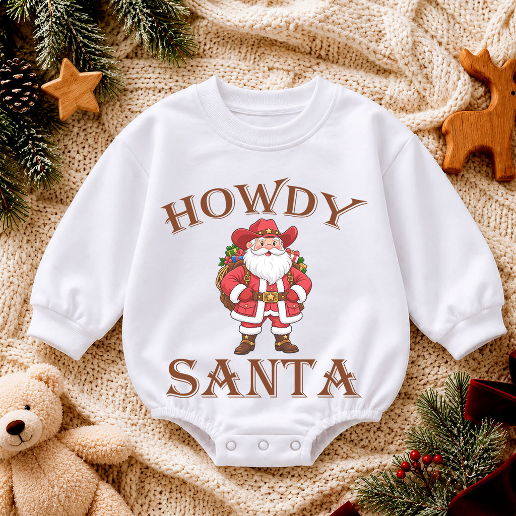 Howdy Santa Baby Romper, Western Cowboy Christmas Outfit, Funny Santa Holiday Romper, Country Christmas Baby Gift — product view 4