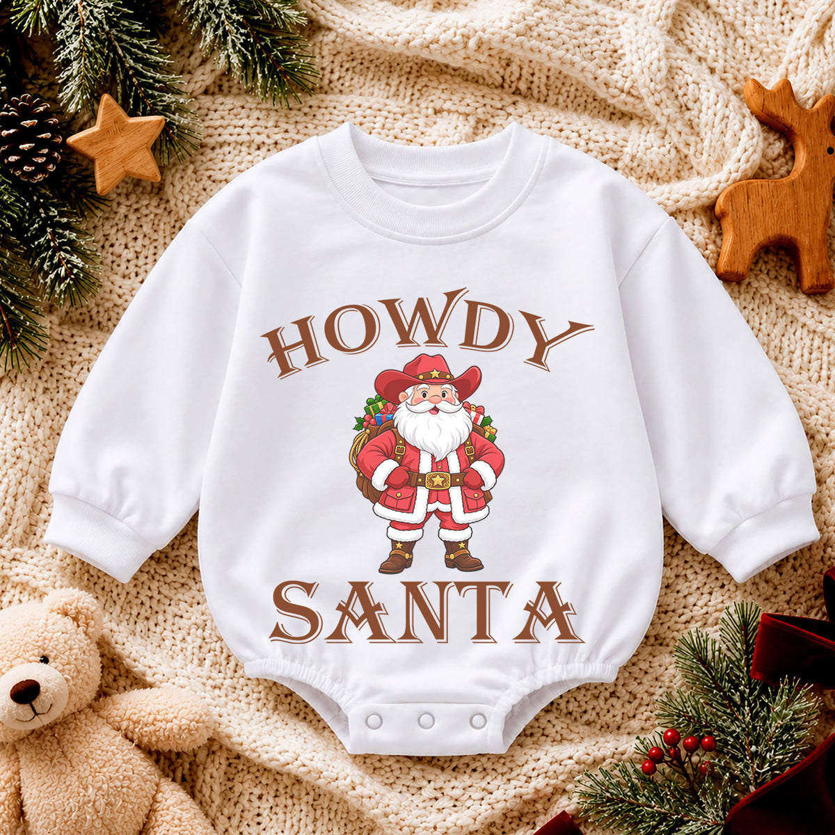 Howdy Santa Baby Romper, Western Cowboy Christmas Outfit, Funny Santa Holiday Romper, Country Christmas Baby Gift — product view 4
