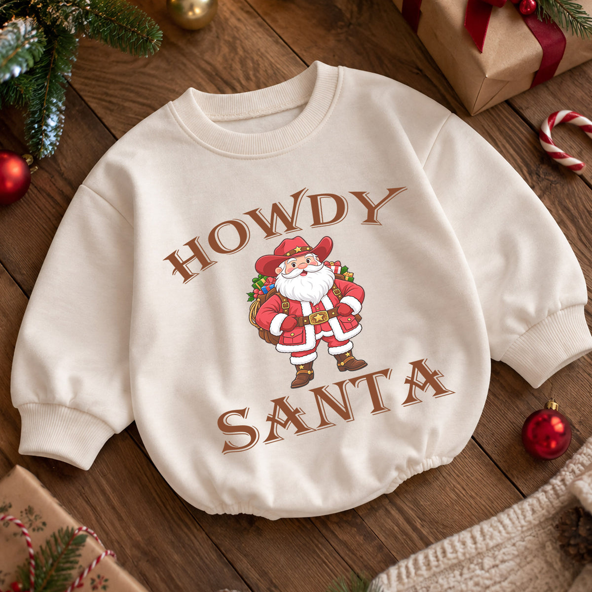 Howdy Santa Baby Romper, Western Cowboy Christmas Outfit, Funny Santa Holiday Romper, Country Christmas Baby Gift — product view 5