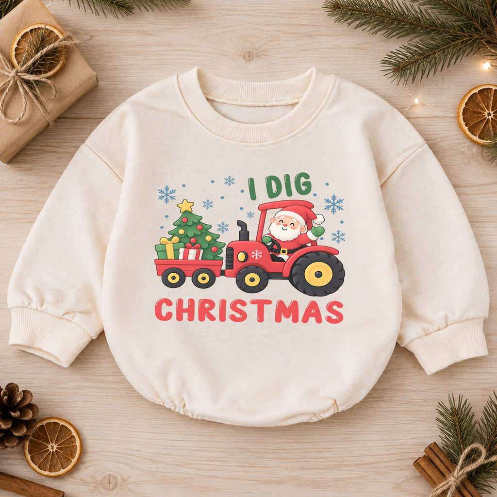 Santa Tractor Christmas Outfit, I Dig Christmas Baby Romper, Farm Toddler Holiday Romper, Cute 1st Christmas Gift for Baby — product view 1